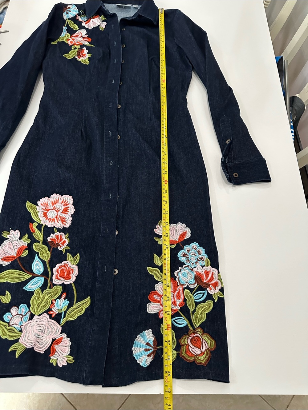 Dark Blue Embroidered Button-Front Women’s Dress